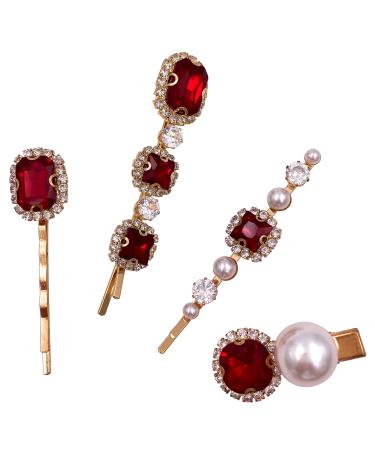 4PCS Vintage Ruby Red Crystal Pearl Gold Bobby Pins Decorative Hair Slides Clips Accessories Women Rubby Red