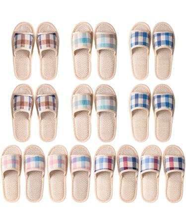 10 Pair House Slippers for Guests Open Toe Breathable Slippers Washable Reusable Home Slippers Indoor Hotel Family Travel Unisex Non Slip Casual Spa Slippers  Plaid Style  4 Large Size + 6 Medium Size
