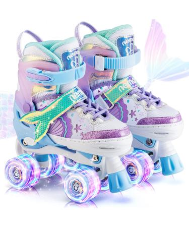 NEMONE Mermaid or Bunny Strawberry 4 Size Adjustable Light up Roller Skates for Girls, Purple Blue Skates for Toddlers, Beginner Kids Roller Skates Indoor Outdoor A-Mermaid Medium - Big Kid