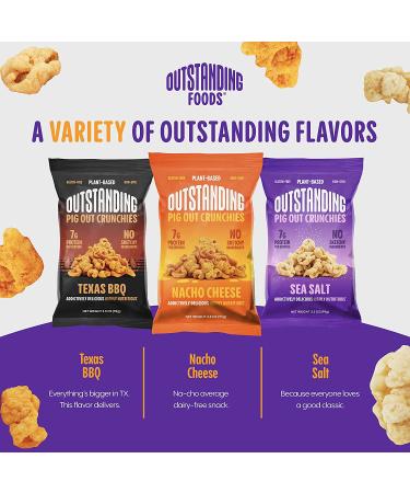 Outstanding Foods Pig Out Crunchies Variety Pack - Plant-Based Protein Snacks - Sea Salt, Texas BBQ, Nacho Cheese Flavors - 3.5 oz - Baked, Gluten-Free, Non-GMO - Pack of 3 - Buy Online on GoSupps.com