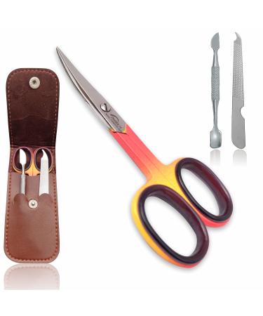 INSTEX Cuticle Nail Scissors Nail Files Nail Pusher Set | Professional Curved Steel Blade Right for Eyebrow Thick Toenails Manicure Pedicure Beard Nose Trimming Men Women with Leather Pouch Red Yellow
