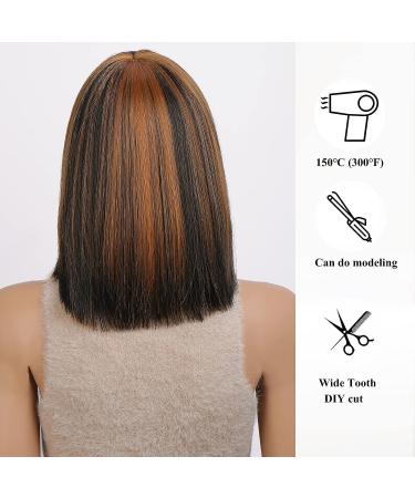 KOME Short Bob Wig for Women - Brown Blonde Highlight Shoulder Length Synthetic Wig with Bangs for Daily Use - 12IN - Buy Online on GoSupps.com
