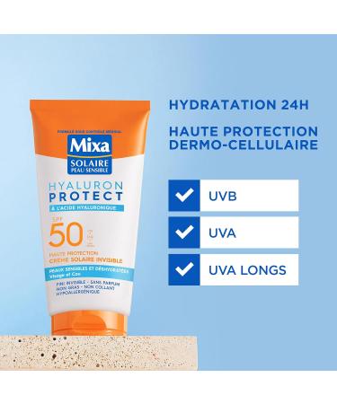Mixa Sun Sensitive Skin - Invisible Sunscreen with Hyaluronic Acid - High Protection SFP50 UVA Long UVA and UVB - Sensitive and Dehydrated Skin - Face and Neck - Hypoallergenic - 50 ml - Buy Online on GoSupps.com