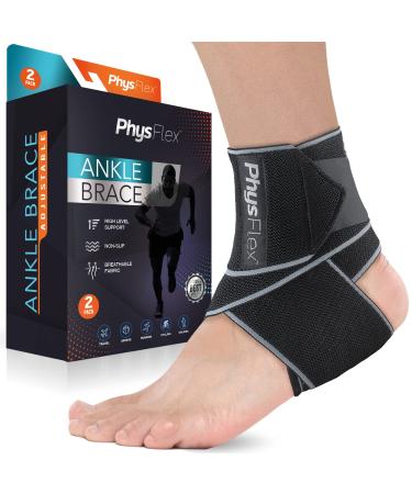 PhysFlex Ankle Brace - 2 Pack Compression Sleeve with Adjustable Strap & Comfy Ankle Support Perfect for Sprained Ankle, Achilles Tendon, Plantar Fasciitis & Sports - Ideal for Men & Women 2 Gray