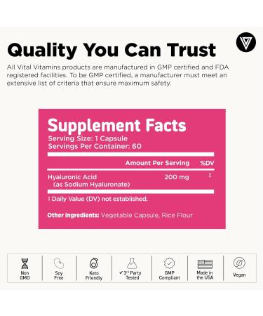 Vital Vitamins Hyaluronic Acid Supplements - Made with 200mg of Low Molecular Weight Hyaluronic Acid - Supports Skin Hydration & Elasticity from Within - 60 Capsules 60 Servings 60 Count (Pack of 1) - Buy Online on GoSupps.com