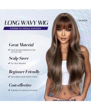 Shop Long Wavy Ombre Blonde Brown Wigs for Black Women | Synthetic Wig with Bangs & Hair Replacement Options - Buy Online on GoSupps.com