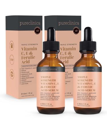 Triple Strength Vitamin C E & Ferulic Acid Serum (w/Retinol & double weight Hyaluronic Acid) 30ml / 1 fl oz (2 bottles) 1 Fl Oz (Pack of 2)