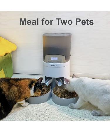 ALUKE Automatic Cat Feeder for Two Cats - 6.5L Dry Food Dispenser with Stainless Steel Bowls - Dual Power Supply - 10s Meal Call - Up to 50 Portions - 6 Meals Per Day - White/Gray - Buy Online on GoSupps.com