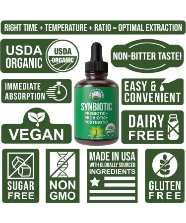 Organic Synbiotic Prebiotics + Probiotics + Postbiotics 3-in-1 Supplement for Women Men & Kids. Pre Pro & Post Biotics Liquid Drops for Gut + Microbiome Balance. Made in USA Vegan Zero Sugar - Buy Online on GoSupps.com