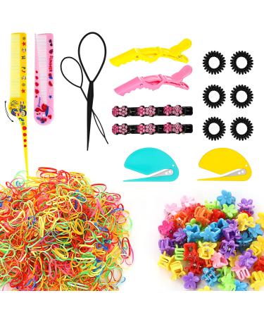 rubber bands+50 colorful mini clips+2 combs+2 rubber band cutter for hair+6 black spiral hair ties+2 floral double barrettes+2 alligator clips+2 hair pull through tool and a gift box (Colorful)