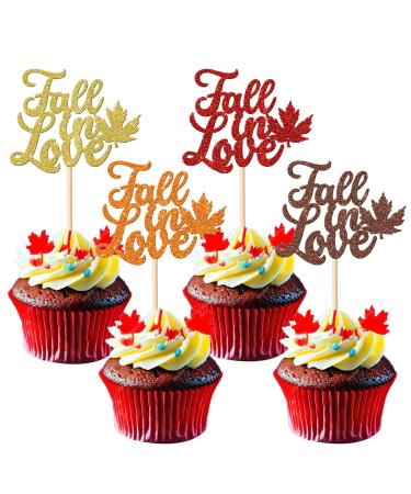 Rsstarxi 24 Pack Glitter Fall in Love Cupcake Toppers Fall leaves Thanksgiving Day Cupcake Toothpicks Bridal Shower Cupcake Decorations for Wedding Engagement Party Cake Decorations Design 1 Multi
