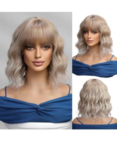 OUFEI Mixed Bright Blonde Wigs for Women Short Wavy Wig With Bangs Natural Synthetic Hair Heat Resistant Wigs for Daily Party Cosplay Wear