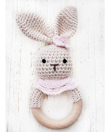 Handmade Amigurumi Crochet Bunny Deer Fox Teether Rattle on Wooden Teething Ring - Natural Baby Toy (Girl Bunny) - Buy Online on GoSupps.com