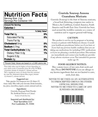 Organic Graviola Soursop Fruit Powder - All-Natural Annona Muricata Guanabana - 3.52 oz - Buy Online on GoSupps.com