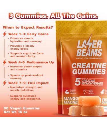 Laser Beams Creatine Monohydrate Gummies for Women & Men - 5g Creapure Creatine per Serving - Vegan, Mango Flavor - Boost Muscle Strength, Endurance, Recovery & Mental Focus (90 Gummies) - Buy Online on GoSupps.com