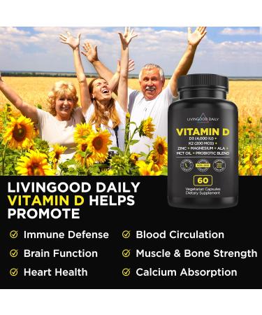 Livingood Daily Vitamin D 60 Capsules - 4000 IU D3 + K2 Vitamins - 9-in-1 Formula with MCT Oil, Magnesium, Zinc, Vitamins A, E & Probiotics - Buy Online on GoSupps.com