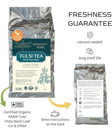 Organic Tulsi Tea Rama Holy Basil Leaf 250g Loose Leaves Premium Herbal Tea Ocimum Tenuiflorum Tulasi Shyama Tulsi Caffeine-Free | DRAGONFLY HERBS Tulsi RAMA - Buy Online on GoSupps.com