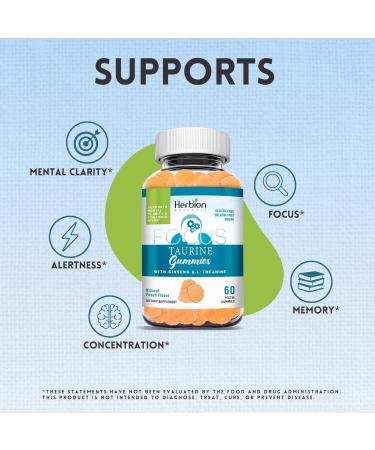 HERBION Naturals Taurine Gummies with Ginseng & L-Theanine B-Complex (B3 B6 B12) & Vitamin C Focus & Mental Clarity Support Peach-Flavoured Pectin Gummies 60 Count (Pack of 1) 60 Count (Pack of 1) - Buy Online on GoSupps.com