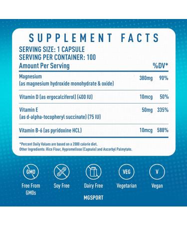 Magnesium Supplement Complex MGSPORT - High Absorption Supplement with Vitamins B6 D E - Relieves Leg Cramps & Muscle Support - 100 Servings Unflavored 100 Count (Pack of 1) - Buy Online on GoSupps.com