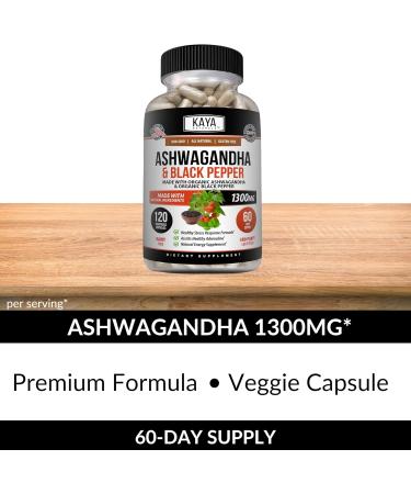 Kaya Naturals Ashwagandha 1300mg 120 Count Capsules for Stress Relief Adrenal Mood & Thyroid Support Black Pepper and 100% Pure Ashwagandha -120 Capsules 120 Count (Pack of 1) - Buy Online on GoSupps.com