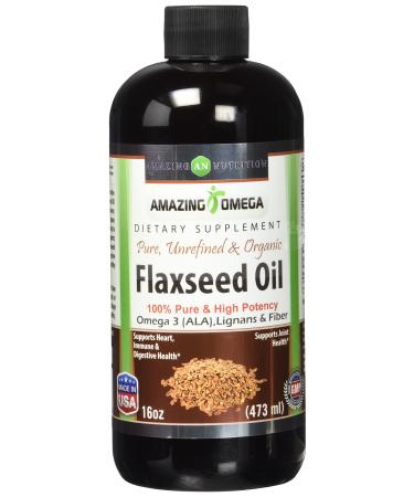 Amazing Omega Flaxseed Oil Dietary Supplement 16 Fl Oz Excellent Source of Omega 3s - Supports Heart Health, Joint Health, Immune System Health, Digestive Function