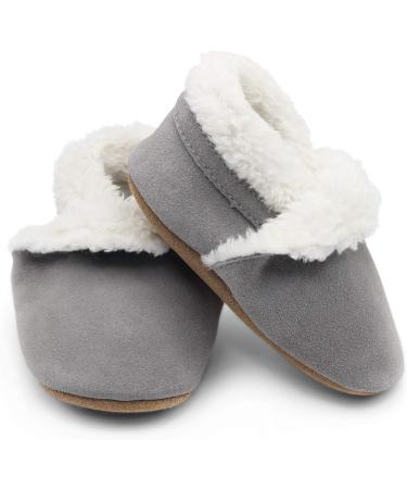 Dotty Fish Suede Baby Slippers | Warm Fleece Lined Infant Toddler Shoes | Non-Slip Soft Sole Boys Girls 0-6 Months - 5-6 Years | Pale Grey - Buy Online on GoSupps.com
