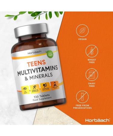 Teen Multivitamin | 120 Vegan Tablets | Immune System Booster | with Vitamins B D and E Calcium Iron and Zinc | Supplement for Teenage Boys and Girls | by Horbaach - Buy Online on GoSupps.com
