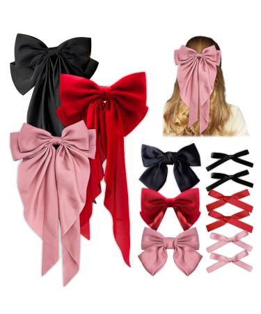 12 Pcs Silky Satin Hair Bows for Women. Bow Hair Clips 3 Colors Oversized Hair Bow Hair Clips Tassel Ribbon Bow Clips French Barrette Hair Accessories for Women Long Short Hair