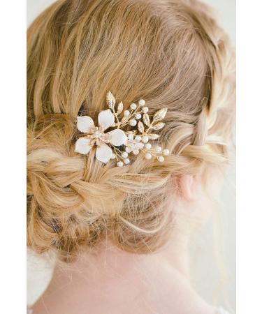 BERYUAN Women Pearl Hair Clip Gold Leaf Flower Barrette Wedding Hair Accessory Gift for Her Party Headpiece for Bride Bridesmaid Girls (Gold)