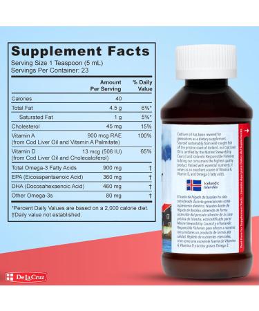De La Cruz Cod Liver Oil Liquid - Pure Wild-Caught Icelandic Fish Oil 4 FL OZ (118 mL) 4 Fl Oz (Pack of 1) - Buy Online on GoSupps.com