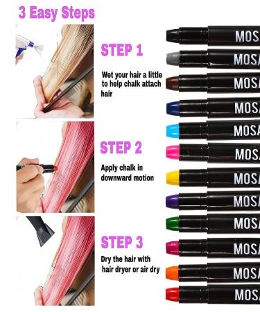 Mosaiz Hair Chalk for Girls and Boys - 12 Washable Temporary Hair Color Pens in Black, Brown - Fun Birthday Gift for Kids, Teens, Adults - St. Patrick's Day Special - 12 Colors - Buy Online on GoSupps.com