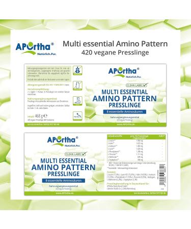 Aportha Multi Essential Amino Pattern I - 420 Vegan Amino Acid Tablets with 8 Essential Amino Acids for Optimal Protein Supply by Prof. Dr. Luc Moretti - High Dose EAA Complex - Buy Online on GoSupps.com