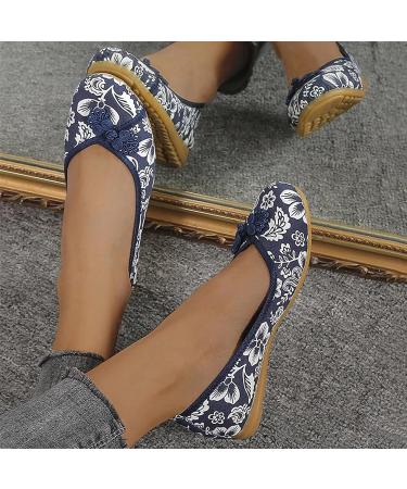 Womens Cotton and Linen Embroidered Floral Wedge Sandals - Blue - Size 8 | 2023 Ethnic Style Cloth Shoes - Buy Online on GoSupps.com