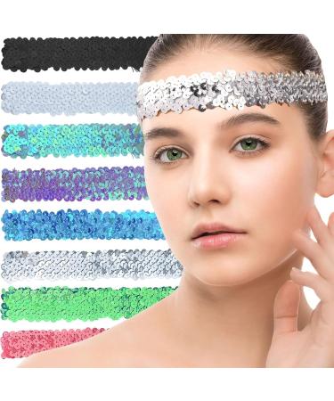 Sequin Headband 8 Pieces Elastic Sparkly Headband Adjustable Size Disco Headband Bling Sport Head Band Glitter Headband for Women (8 Color) - Buy Online on GoSupps.com