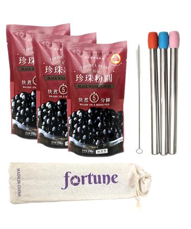Boba Tapioca Pearl Bubble Tea Drink DIY Set | WuFuYuan Black Large Balls 8.8oz (3 pack) + 3 FortuneHouse Reusable Stainless Steel Round Boba Straws, 3 Silicone Tips, 1 Cleaning Brush, 1 Canvas Bag