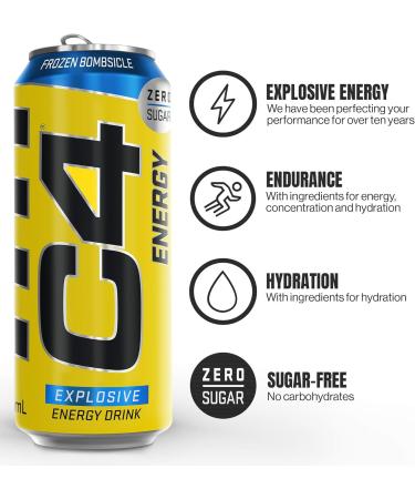 Wowboxme C4 Original Sugar Free Sparkling Energy Drink Frozen Bombsicle PreTraining Performance Drink with Caffeine 500 ml Pack of 12 - Buy Online on GoSupps.com
