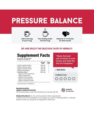 Herbaly Pressure Balance Tea - 9 Superherbs for Cardiovascular Health - Natural & Organic - Caffeine-Free - 30 Pyramid Tea Bags (2.65 oz) - Buy Online on GoSupps.com