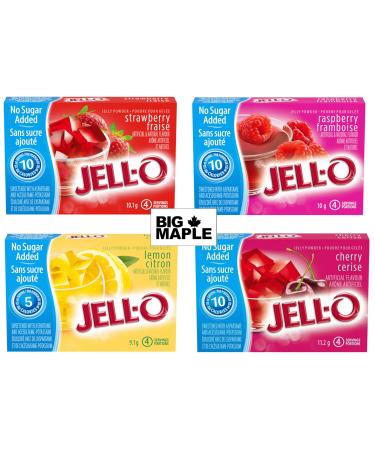 Jell-O NO SUGAR ADDED Fruit Flavoured Powder Mix (4) Package Bundle. Includes (4) Total Packages of Jell-O No Sugar Added Powder Mix. Tasty Flavours Include Strawberry Raspberry Cherry Lemon with BIG MAPLE Trivia Cards to enjoy with your Snack. Great for 