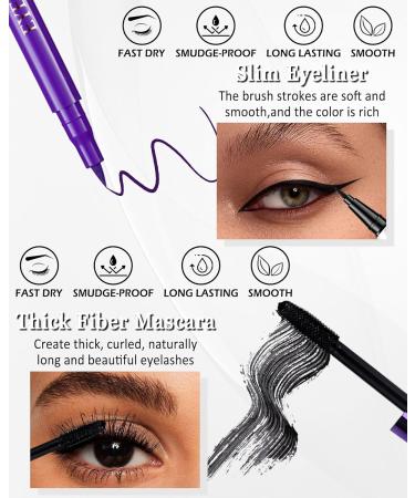 Blue Voluminous Mascara & Waterproof Eyeliner Pen Set- Smudge-Proof Long-Lasting Colored Mascara Liquid Matte Eyeliner 5D Lengthening Curling Thick Lashes Color Mascara Tubing Women Vegan Eye Makeup - Buy Online on GoSupps.com