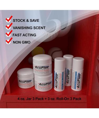 AcuPlus Anti-Inflammatory Cream & Pain Relief Roll-On Combo - Soothes Muscle & Joint Pain for Arthritis Bursitis Tendonitis - 4 oz. Jar & 3 fl. oz. Roll-On (3 Pack - Buy Online on GoSupps.com