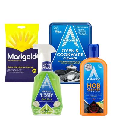 Marigold & Astonish Bundle:Kitchen & Bathroom Cleaning Solutions - Oven and Cookware Cleaner 150g HOB Antibacterial 235ml Mould & Mildew Blaster with Marigold Gloves(M)
