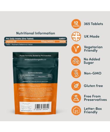 Vegetarian Vitamin D3 4000 IU - 1 Year Supply, 365 Tablets High Strength Vitamin D Supplement, UK Made - Buy Online on GoSupps.com