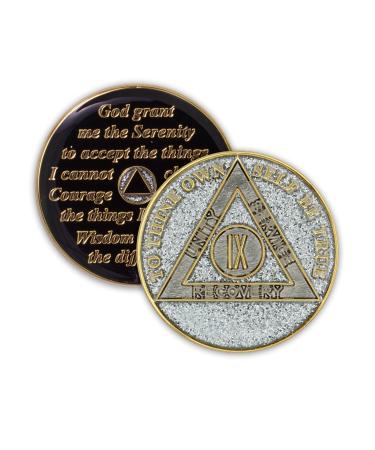 9 Year Sobriety Coin | Glitter Triplate AA Chip Recovery Anniversary Token (Silver)