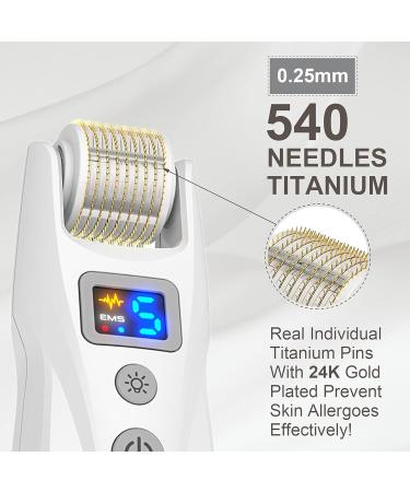 Derma Roller - EMS Microneedle Roller Stamp - 540 Titanium Pins Microcurrent Roller with 2LED light and vibrations for Beard Hair Growth & Brilliant Skin men and wowen - Buy Online on GoSupps.com