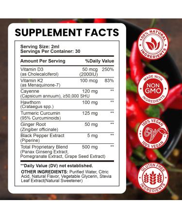 Cayenne Pepper Supplement Liquid Drops + Hawthorn, Vitamin D3 K2 Turmeric Curcumin, Panax Ginseng, Ginger Root Antioxidant Defense, Bone Health Support - 2fl oz - Buy Online on GoSupps.com