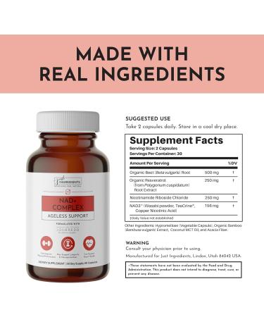 JUST INGREDIENTS NAD+ Supplement 60 Capsules Supports Cellular Energy Healthy Aging Mitochondrial Function & DNA Repair with Nicotinamide Riboside Resveratrol Beet Root & NAD3 Complex - Buy Online on GoSupps.com