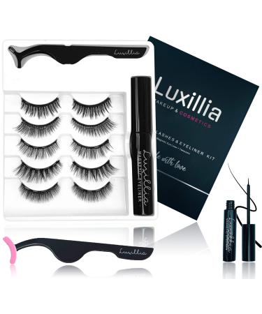 Luxillia Magnetic Lashes with Eyeliner, Most Natural Looking Magnetic Eyelashes Kit with Applicator, Best 8D and 3D Look, Reusable Fake Eye Lash, No Glue, Strongest Waterproof Liquid Liner 7 Piece Set