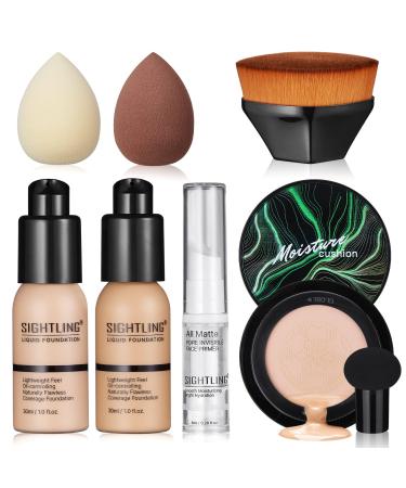 SIGHTLING 30ml Foundation Liquid Full Coverage 24HR Matte Oil Control Concealer (Nude & Buff Beige) with Face Primer & Air Cushion CC Cream Mushroom Head Foundation & Makeup Brush & Makeup Sponges