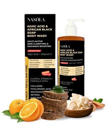 Kojic Acid African Black Soap Body Wash Authentic with Vitamin C Shea Butter Collagen Niacinamide Hyaluronic Acid and Vitamin E - 11.83 Fl Oz