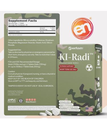 EarthNutri KI-Radi Potassium Iodide Tablets 65 mg High Potency Iodine Supplement for Thyroid Support Emergency Preparedness Potassium Supplement in Foil-Foil Blister 60 Tablets (3 Pack of 20) 20 Count (Pack of 3) - Buy Online on GoSupps.com